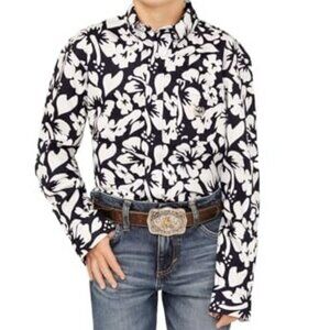 Cinch Boy's Long Sleeve Vintage On Island Time Hawaiian Print Button Shirt Navy/